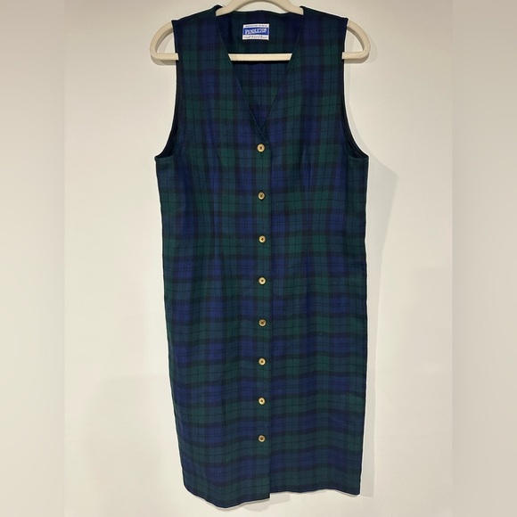 Pendleton Plaid Wool Button Down Sleeveless Dress 10P Green Navy Jumper USA - Picture 1 of 4
